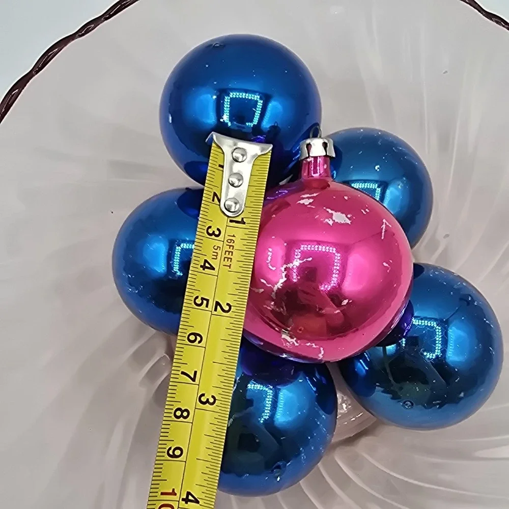 6 Vintage Poland Blue Pink Glass Christmas Holiday Ornaments Lot Set‎